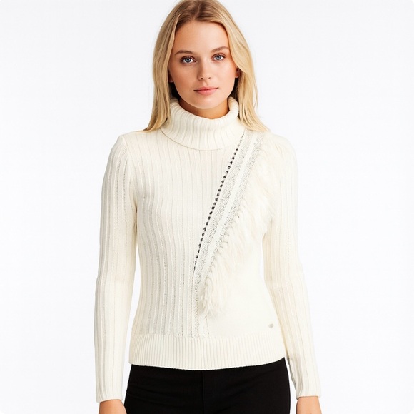 DKNY Ivory Fringe Ribbed Knit Turtleneck Sweater Boho Cozy Pullover Small - Picture 1 of 8